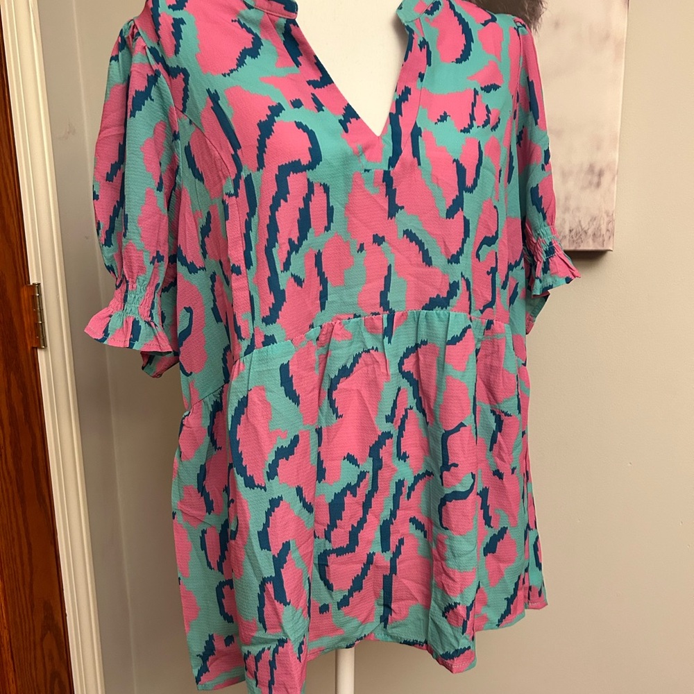 Umgee Pink and Blue Patterned Blouse